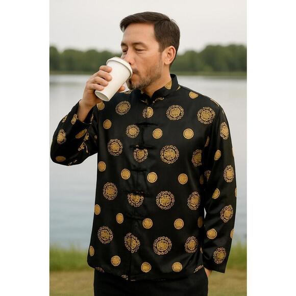 Other - VTG Asian Inspired Men’s XXL Black Gold Silk Brocade Shirt
